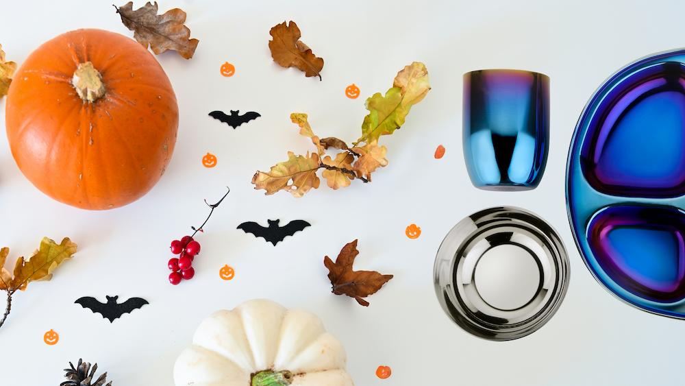 Halloween flatlay with Ahimsa stainless steel dishes - No-Bake Monster Bites for a Healthy Halloween