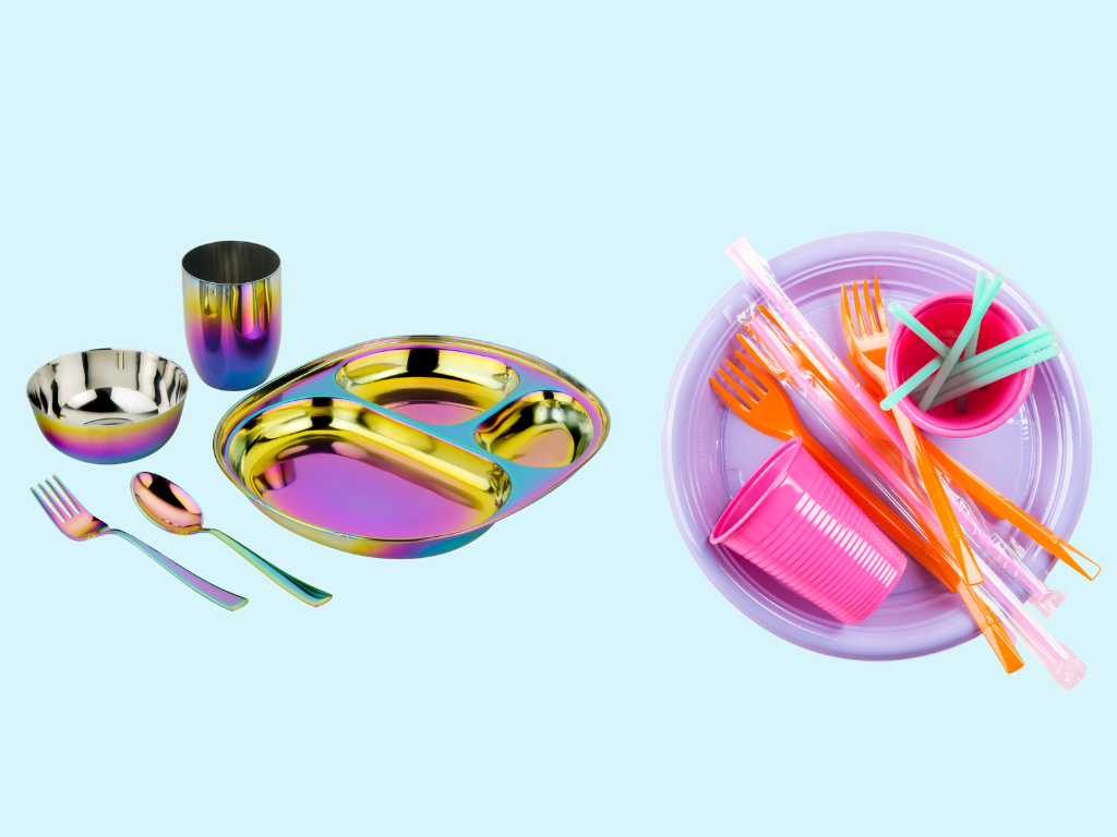 Stainless steel chidren's dishes next to plastic dishes