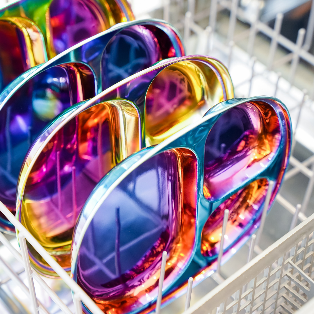 Ahimsa stainless steel dinnerwear in rainbow
