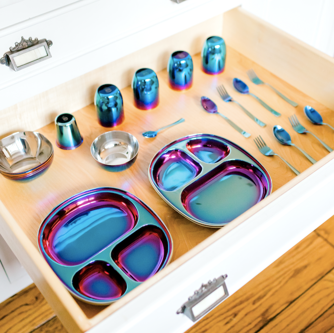 Declutter your cabinets and store your dinnerware your kids can reach