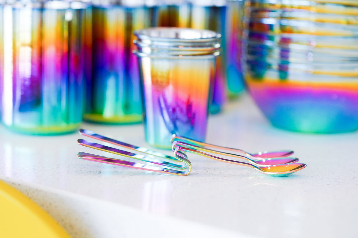 Ahimsa stainless steel cups, bowls, and utensils