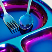 Iridescent Blue stainless steel fork, spoon, and divided plate for children
