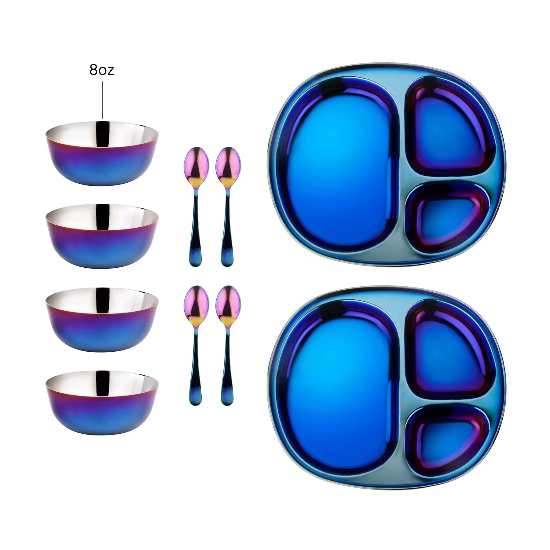 Set of 2 stainless steel divided plates, 4 bowls, 4 spoons on a white background. All dishes are blue and perfect for babies, toddlers, and kids.