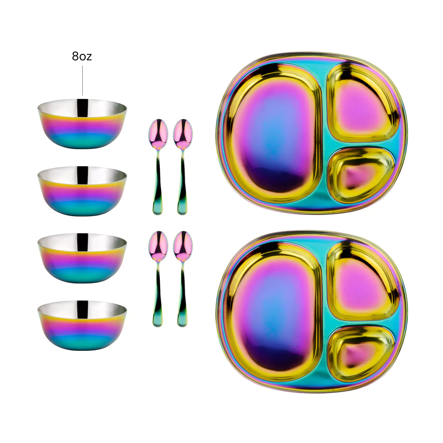 Set of rainbow-colored stainless steel compartment plates and bowls with spoons on a white background perfect for babies and toddlers