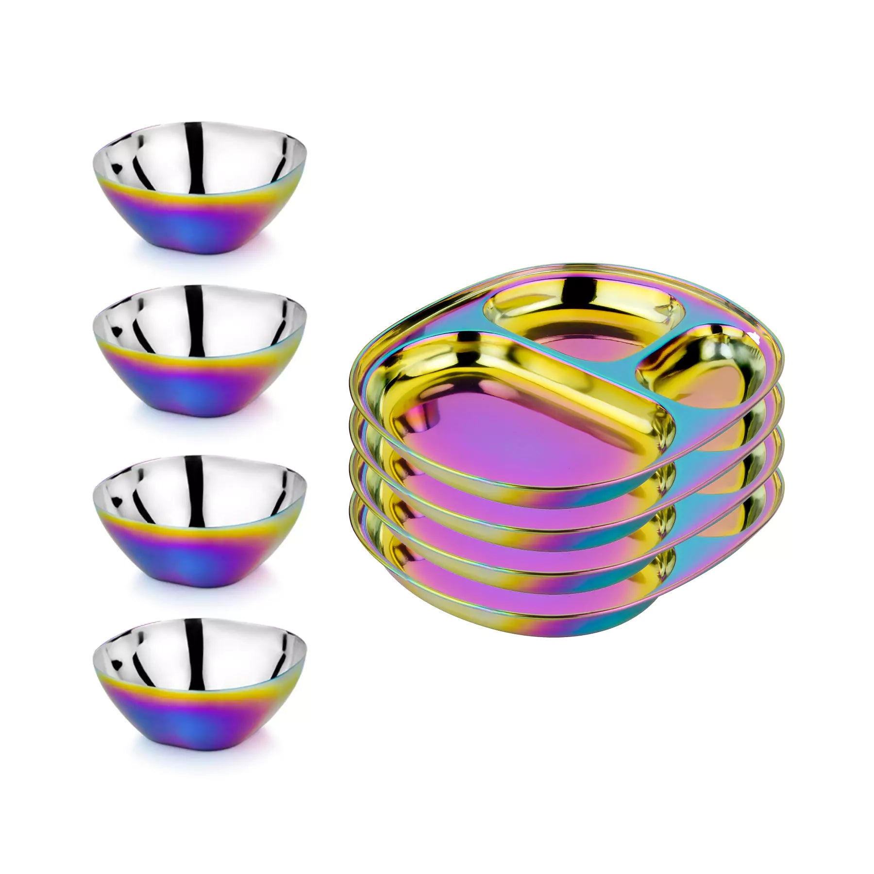 Rainbow 4 Smart snacking bowls stainless steel 12 ounces and compartment plates