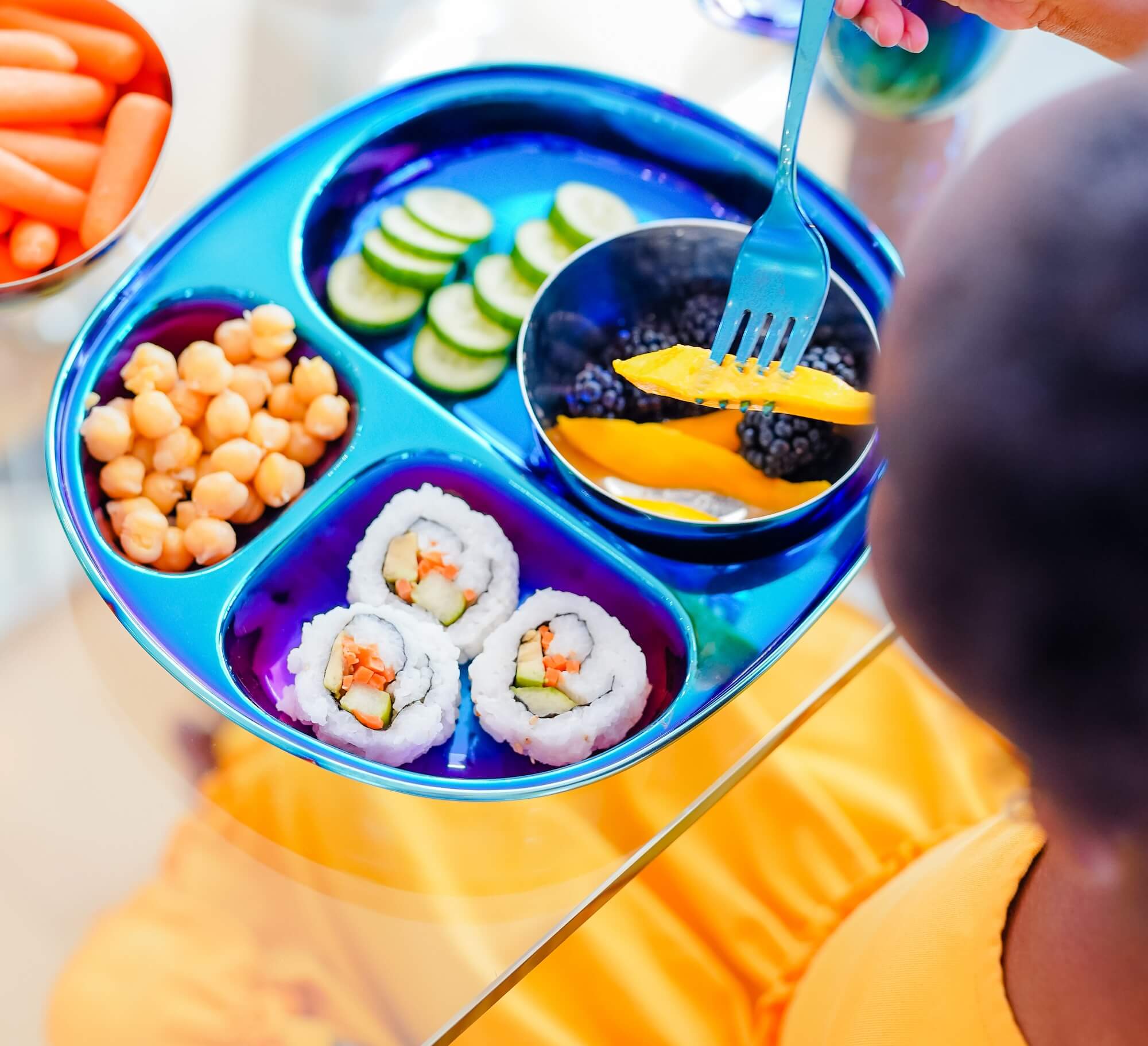 ahimsa stainless steel toddler plates with dividers in rainbow blue