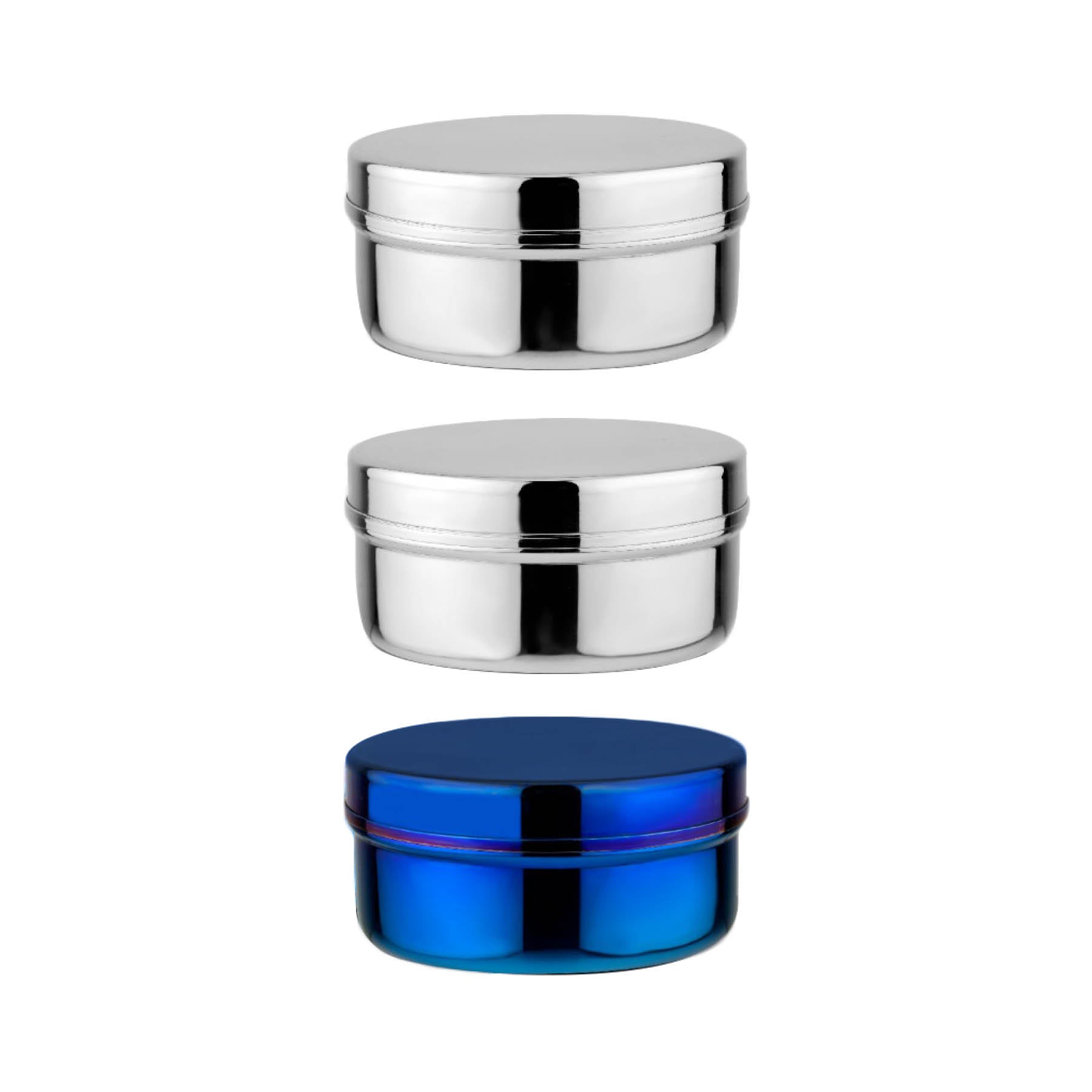 2 silver and 1 Blue circle food containers
