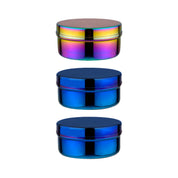 Three cylindrical food storage containers with a multicolored reflective surface, stacked vertically.