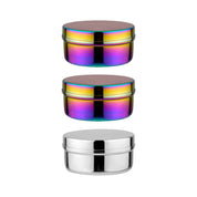 2 rainbow and 1 silver circle food stainless steel containers