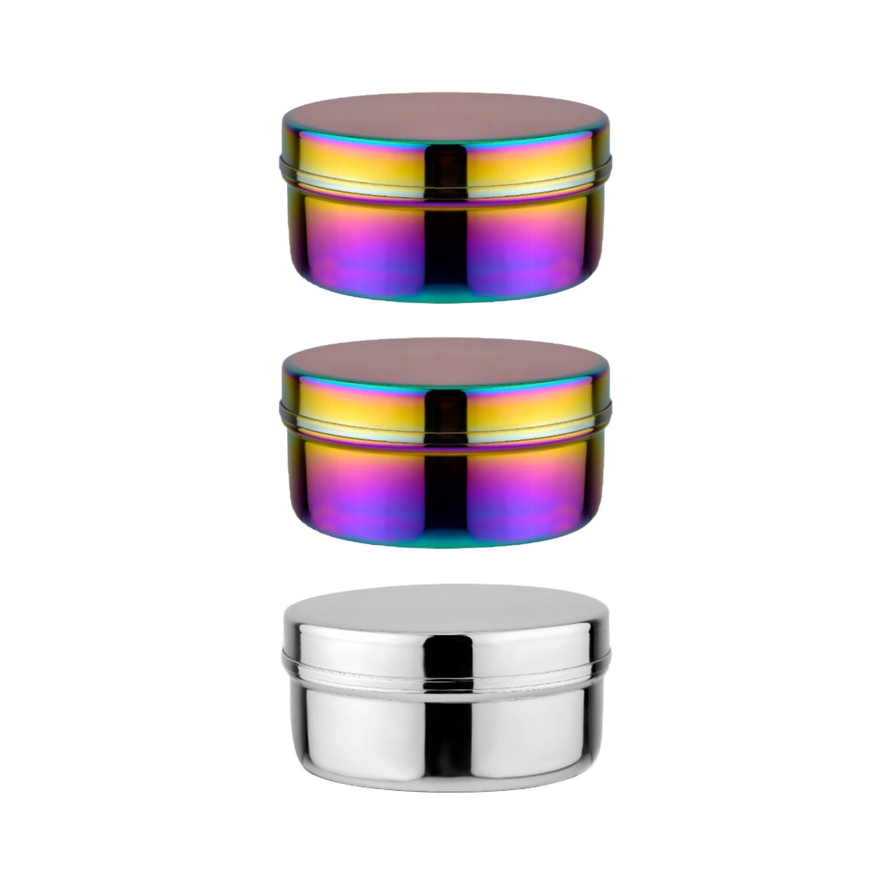 2 rainbow and 1 silver circle food stainless steel containers