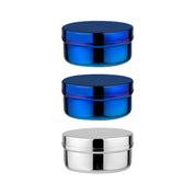 2 blue and 1 silver circle food stainless steel containers