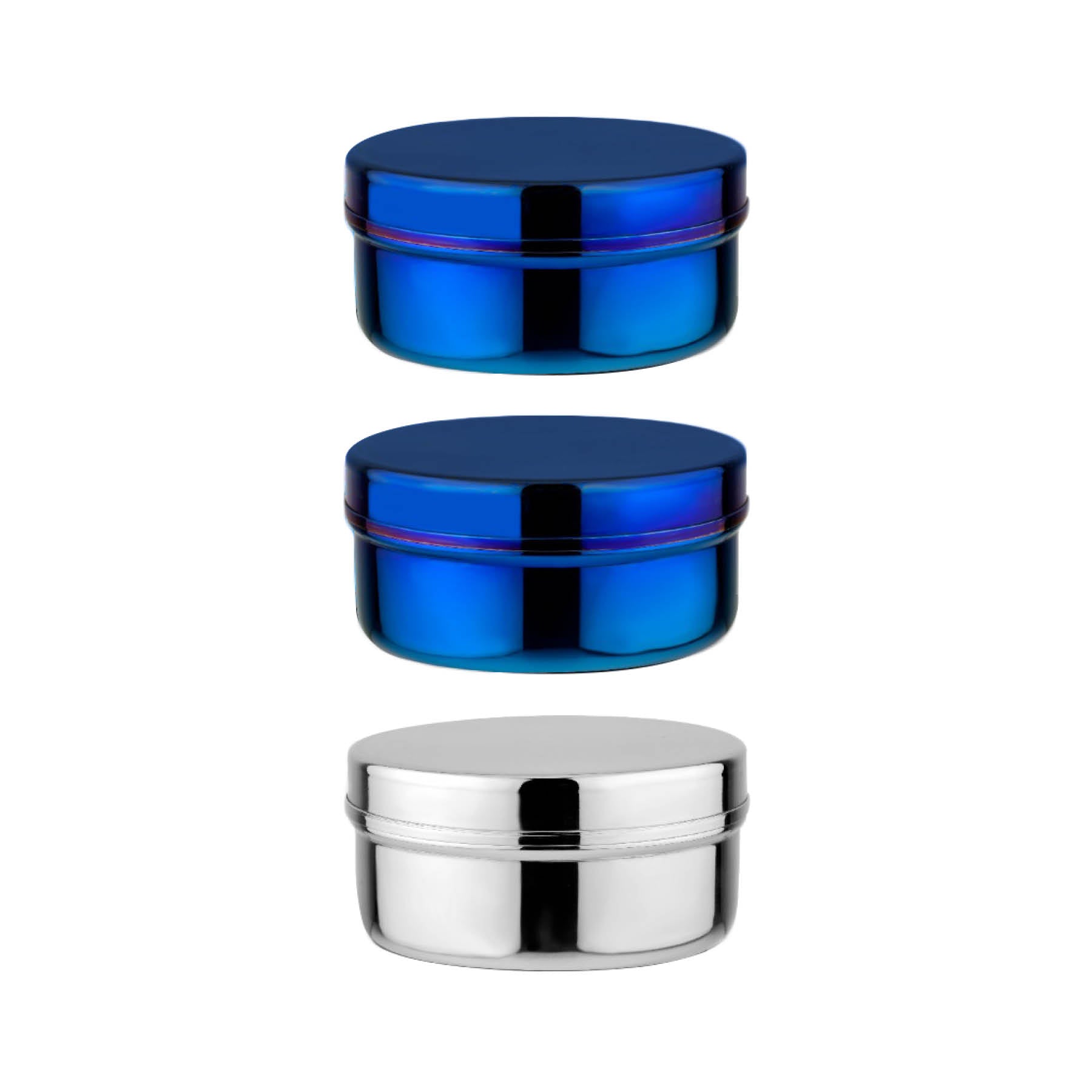 2 blue and 1 silver circle food stainless steel containers