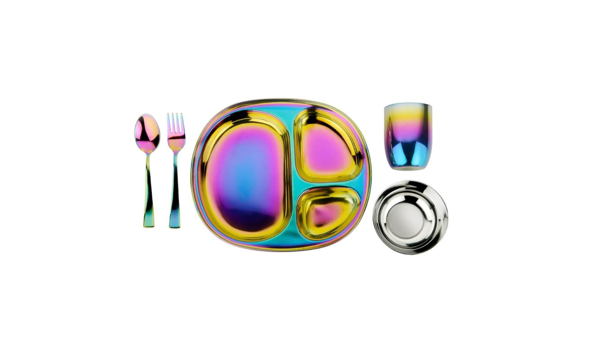 Rainbow Mindful Mealtime - each 5-piece set includes a Balanced Bites compartment plate with 3 compartments, 8 ounce Conscious Cup, fork, spoon, and 8 ounce round bowl