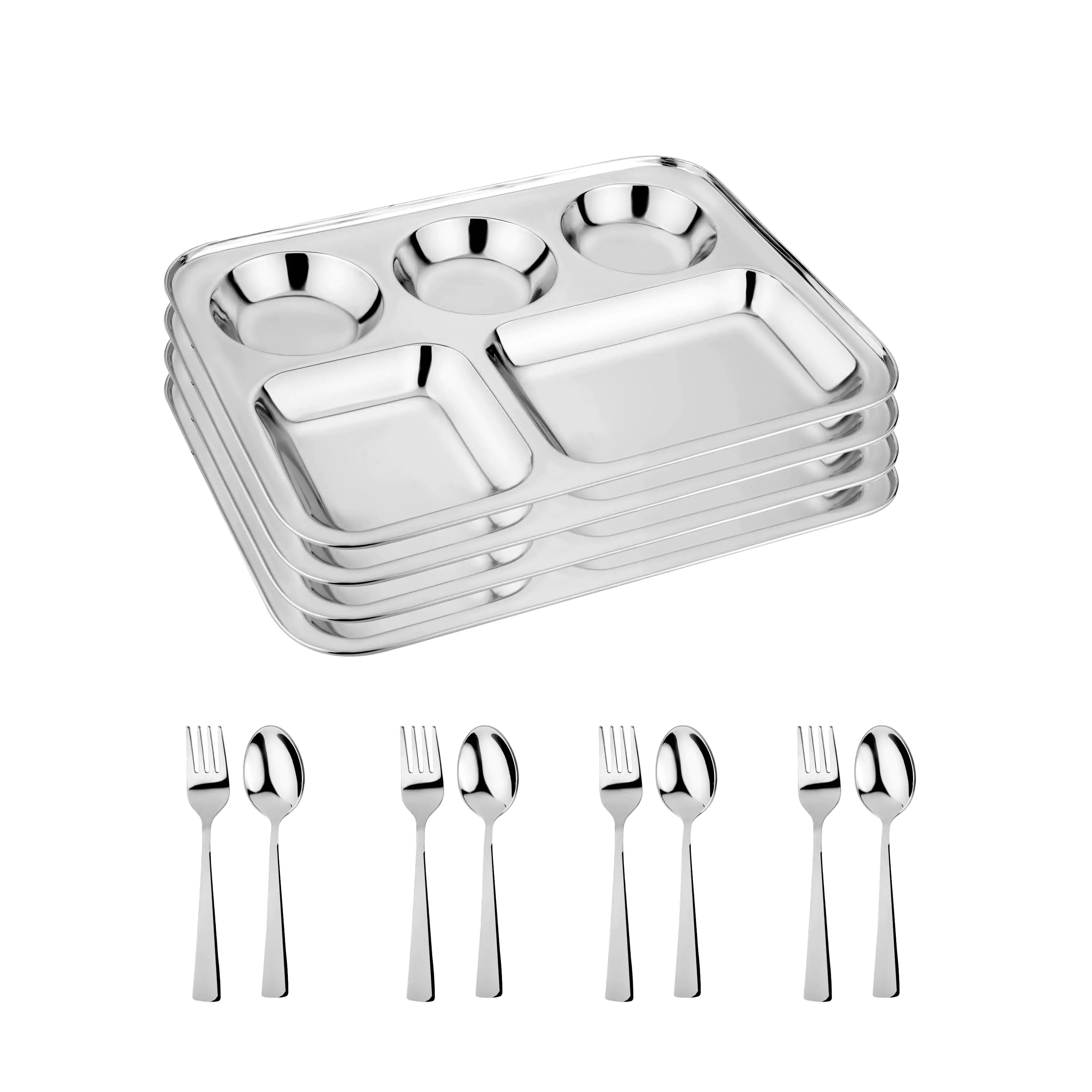4 stainless steel divide trays, forks, and spoons for kids