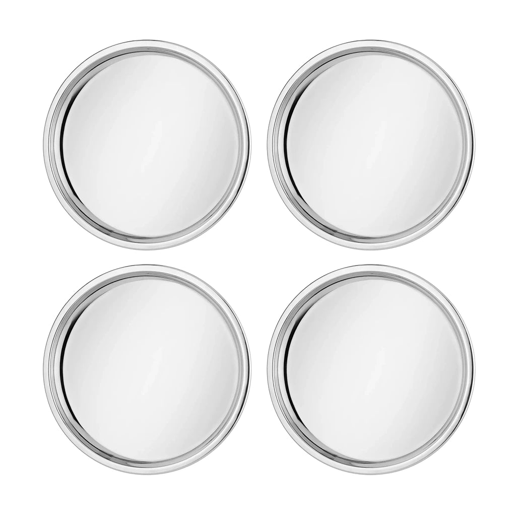 4 silver looking (shiny and reflective) Stainless steel 9 inch round plates, Ahimsa's Purposeful Plates in Classic color for toddlers, kids, and adults