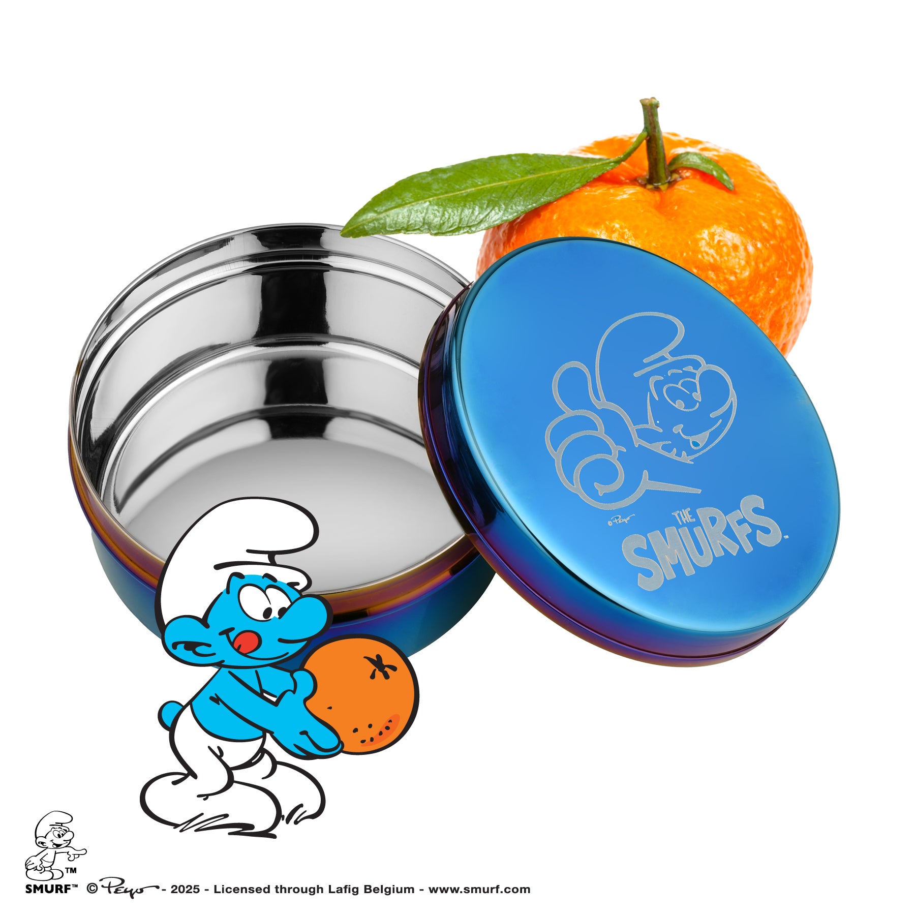 Stainless steel container with blue lid featuring Smurf design, next to an orange fruit on a white background. For your Classic Smurf lunch bag or lunch box.