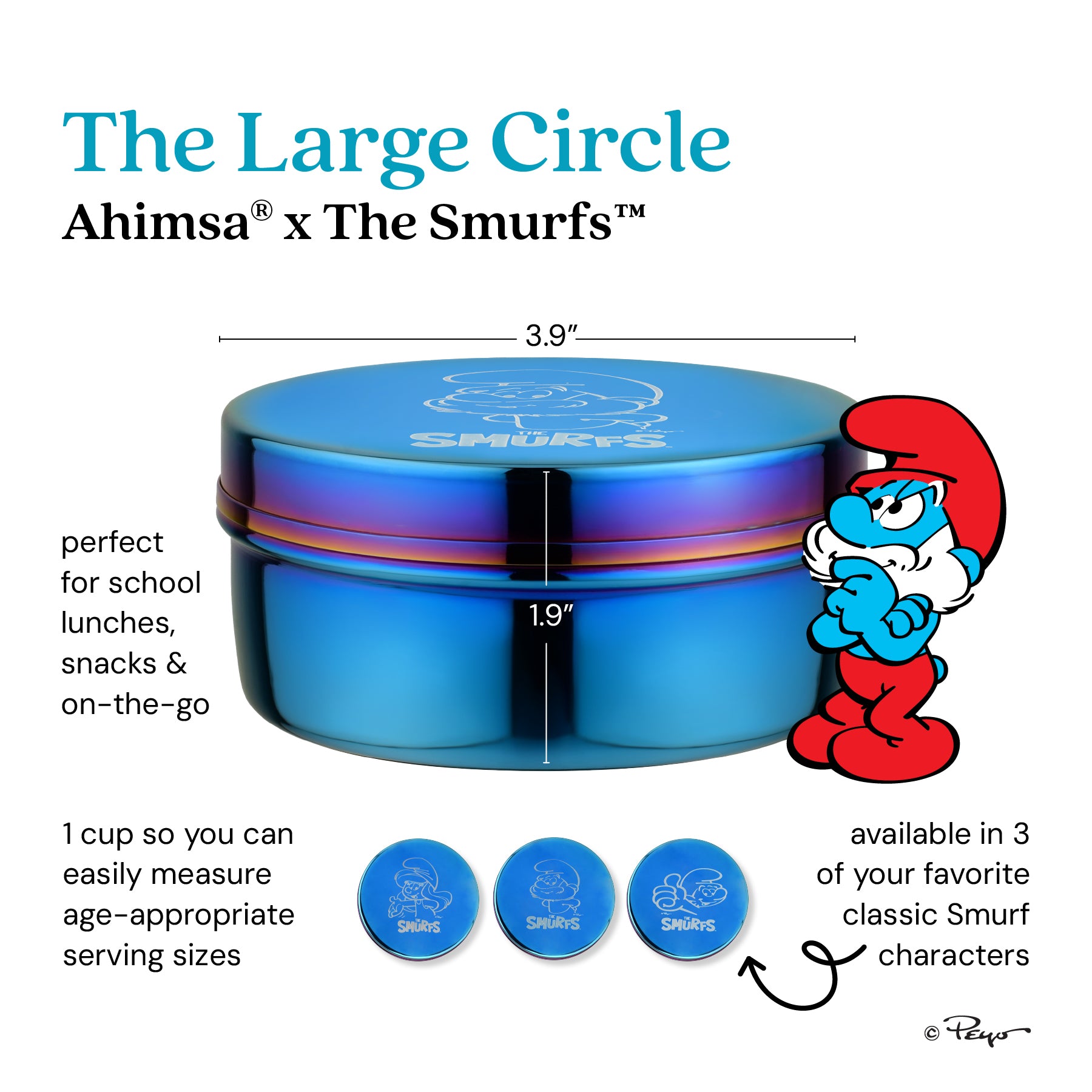Blue food stainless steel container with Papa Smurf etched to top, perfect for school lunches, snack and on-the-go, 1 cup so you can measure age-appropriate serving sizes, and available in 3 of your favorite classic Smurf characters
