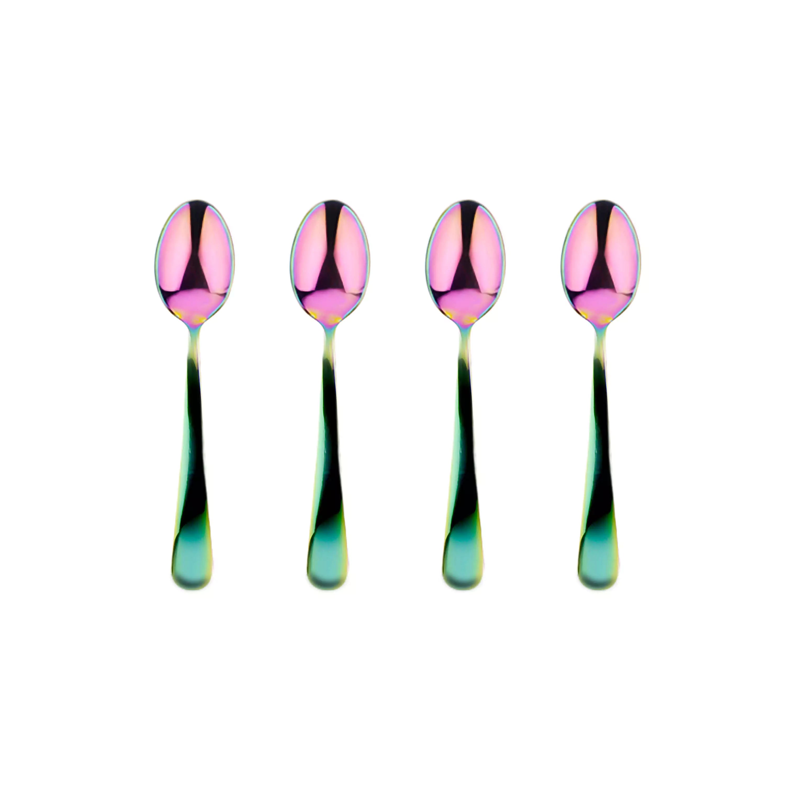 set of 4 stainless steel baby spoons in rainbow finish for infants and toddlers