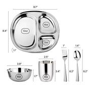 Dimensions for our Mindful Mealtime Set which includes our Balanced Bites compartment plate (8.4" x 9.7"), 8 ounce round bowl (opening is 3.8" wide and 1.7" tall), 8 ounce cup with weighted bottom to prevent spills (2.5, opening and 3.4" tall), fork (1" x 6.2"), and spoon (1.4" x 6.2")