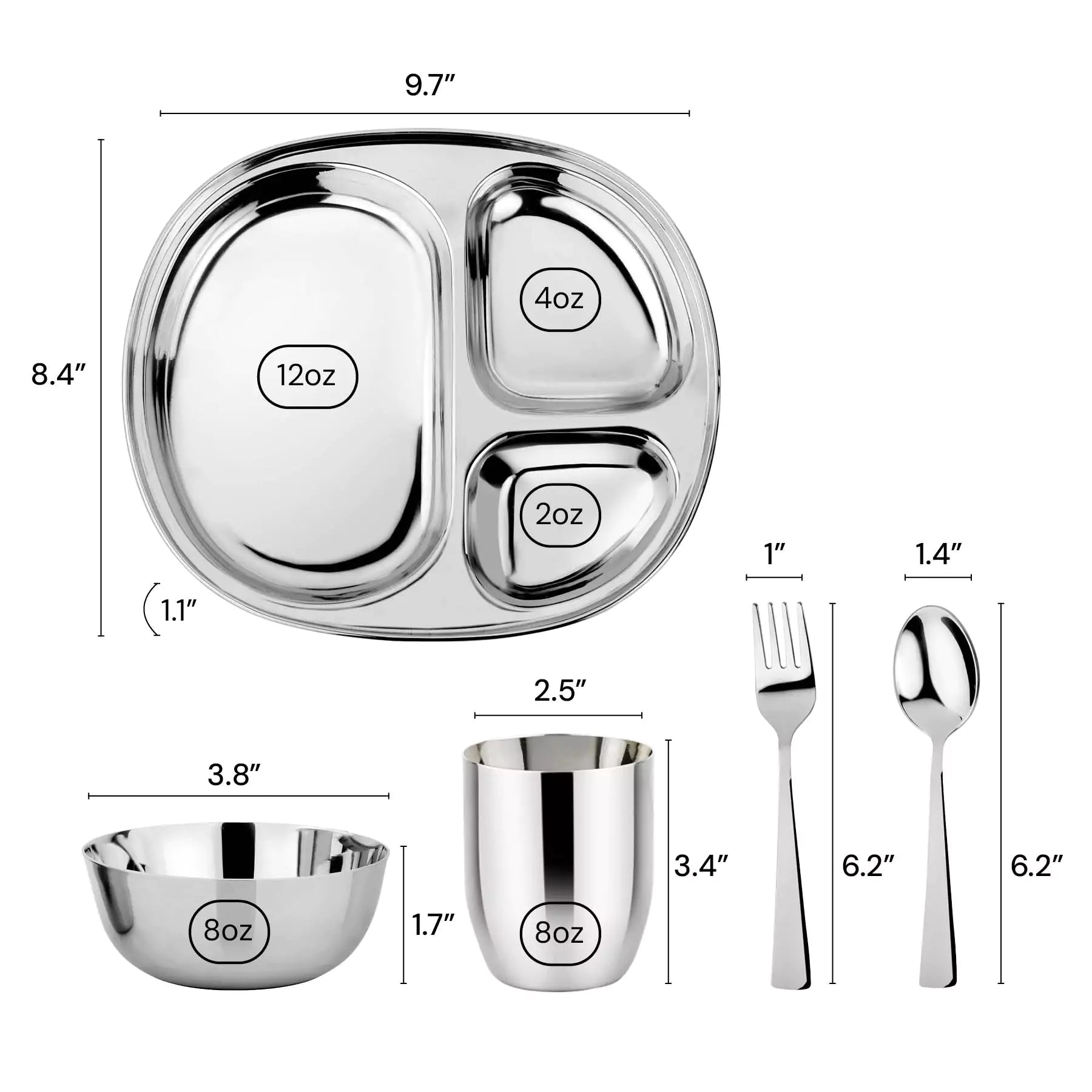 Dimensions for our Mindful Mealtime Set which includes our Balanced Bites compartment plate (8.4" x 9.7"), 8 ounce round bowl (opening is 3.8" wide and 1.7" tall), 8 ounce cup with weighted bottom to prevent spills (2.5, opening and 3.4" tall), fork (1" x 6.2"), and spoon (1.4" x 6.2")