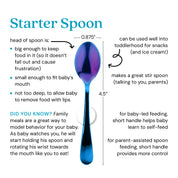 Starter Spoon - the head of the spoon is 0.875 inches, big enough to keep food in it (so it doesn't fall out and cause frustration), small enough to fit baby's mouth, and not too deep, to allow baby to remove food with lips. Did you know? Family meals are a great way to model behavior for your baby. As baby watches you, he will start holding his spoon and rotating his wrist towards the mouth like you to eat! The Starter Spoon can be used well into toddlerhood for snacks (and ice cream), makes a great stir)
