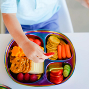 Kids stainless steel plates. Ahimsa non toxic kids plates, rainbow plate, best stainless steel dining plate for toddlers snacks, cheese and fruit