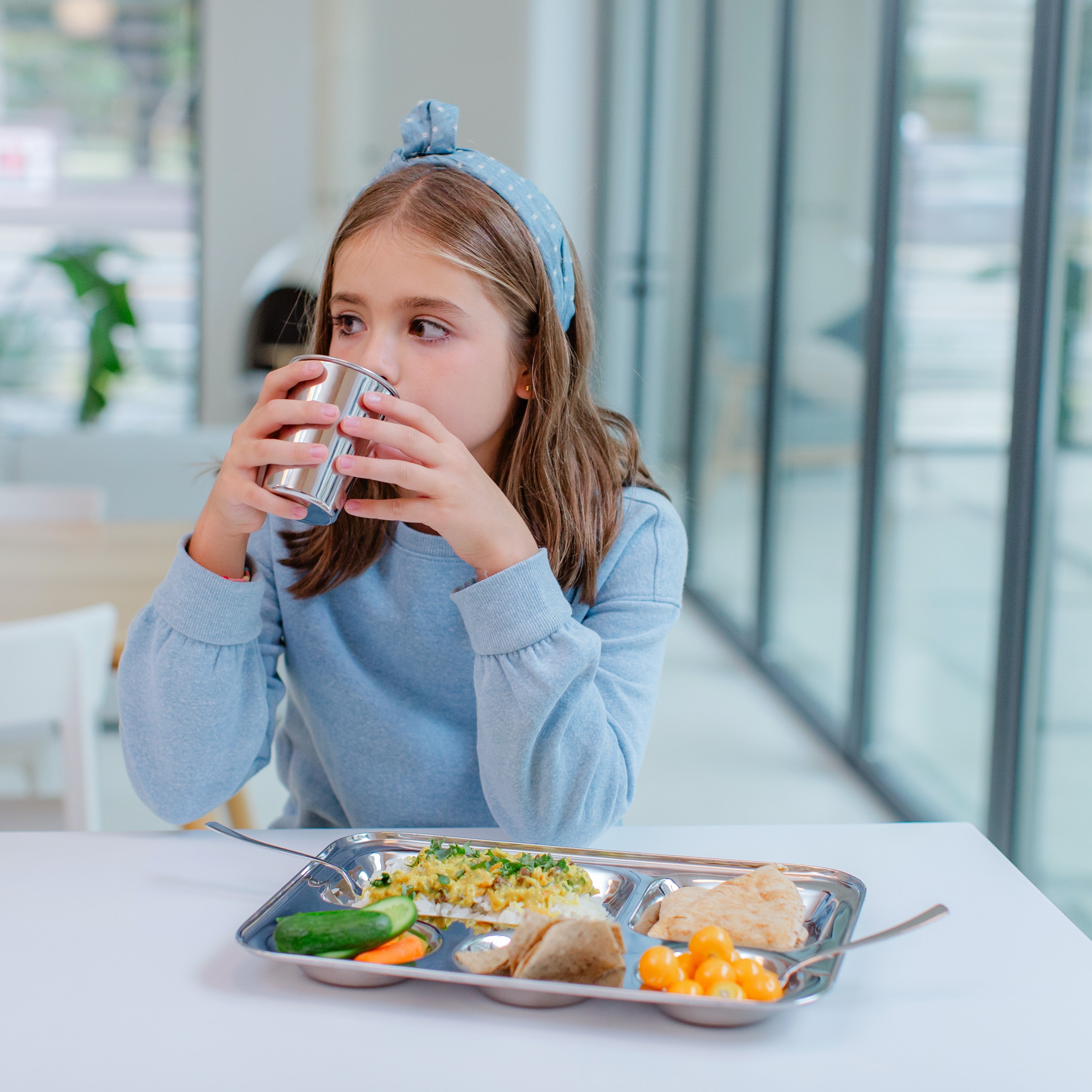Stainless steel cups for kids. Preteen with stainless steel tray, fork, spoon, and 10 ounce stainless steel cup for toddlers, kids, preteens, teens, and adults.