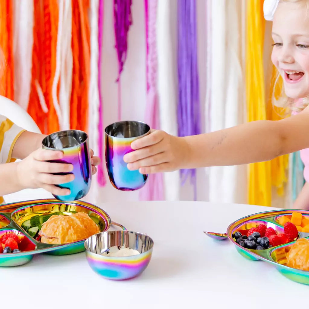 Colorful rainbow stainless steel dishes, perfect for your Diwali party and Diwali gifts. Celebrate traditions with Ahimsa sustainable and safe cups, plates and bowls.