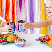 Colorful rainbow stainless steel dishes, perfect for your Diwali party and Diwali gifts. Celebrate traditions with Ahimsa sustainable and safe cups, plates and bowls.