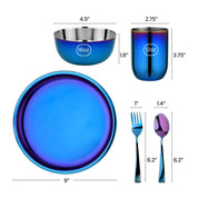 Blue stainless steel tableware set with measurements on a white background -  for the Purposeful Plate, 16 ounce bowl, 12 ounce cup, fork, and spoon