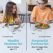 Two children at a table with different mealtime sets labeled 'Mindful Mealtime Set' and 'Purposeful Portions Set'.