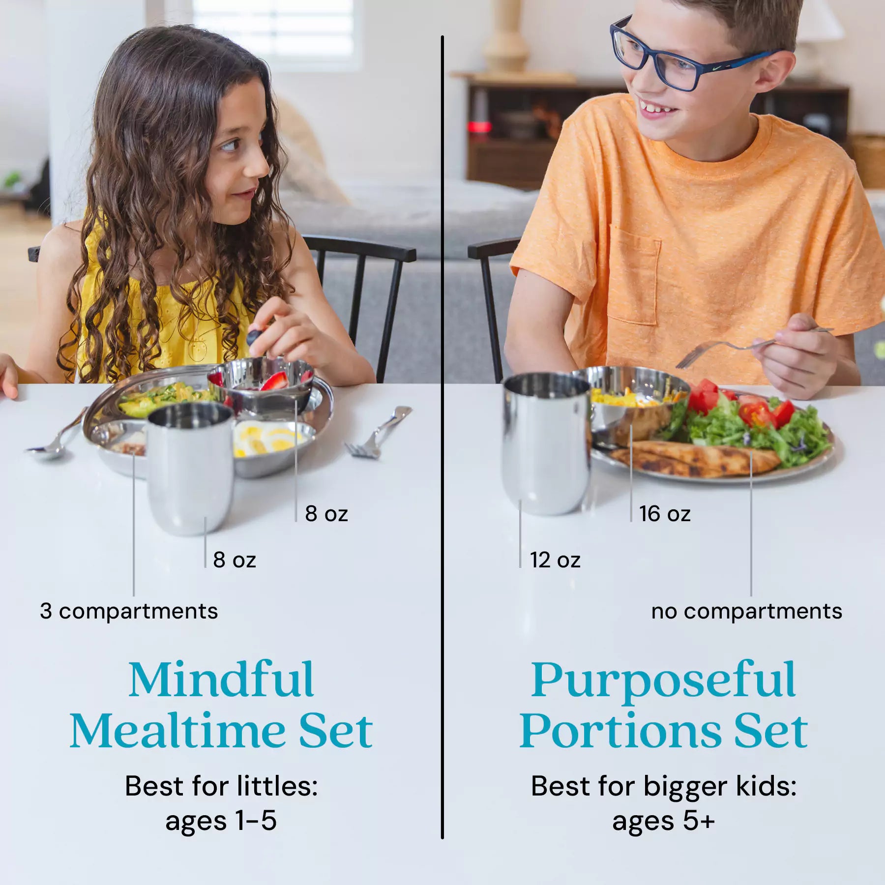 Two children at a table with different mealtime sets labeled 'Mindful Mealtime Set' and 'Purposeful Portions Set'.