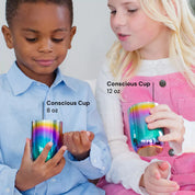 Two children holding colorful cups labeled 'Conscious Cup' with sizes 8 oz and 12 oz sizes.