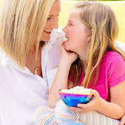 Mom and daughter eating popcorn out of stainless steel blue bowl 12 ounce, Smart Snacking bowl