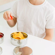 Stainless steel food containers with dried mango and strawberries