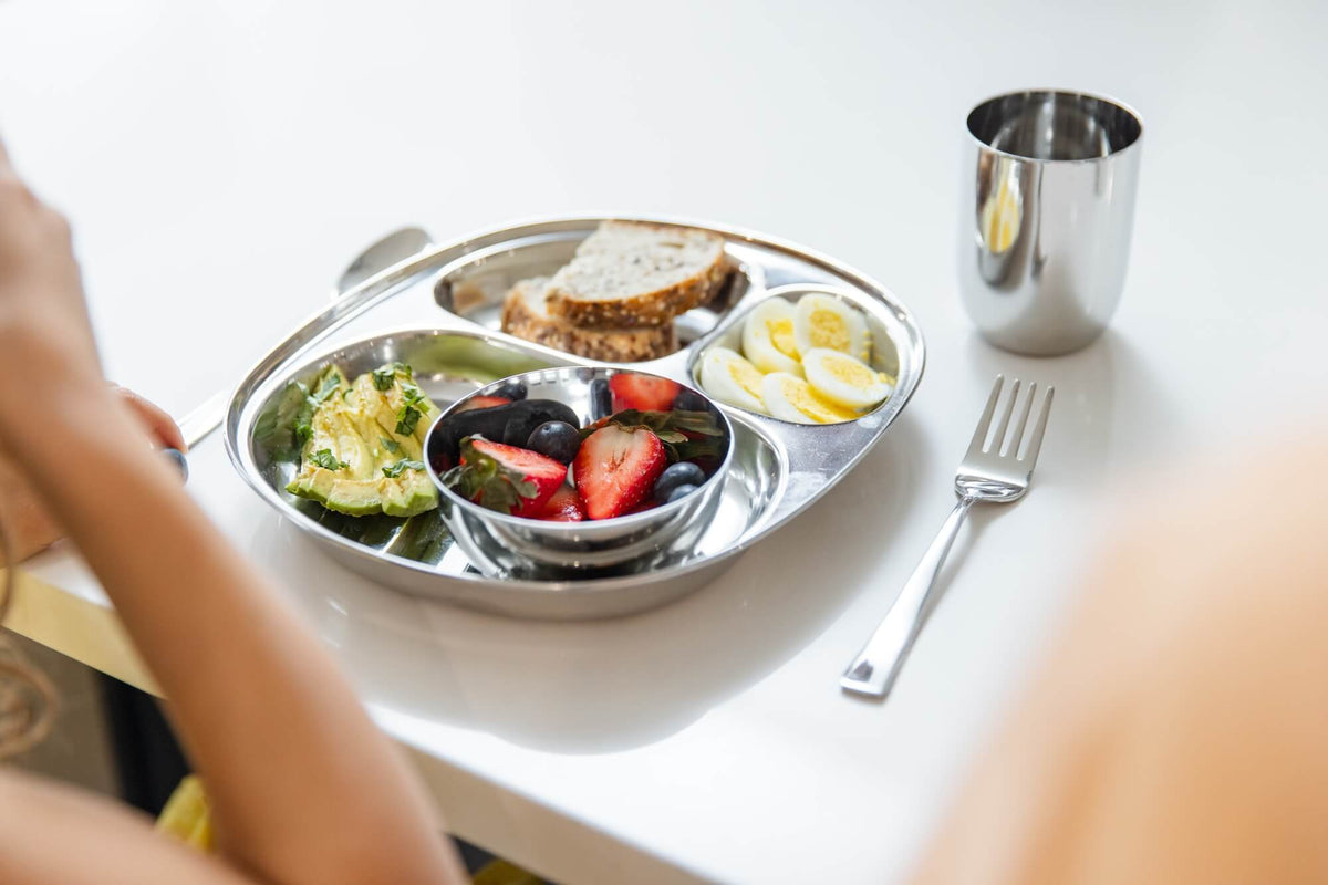 breakfast on stainless steel divided plate