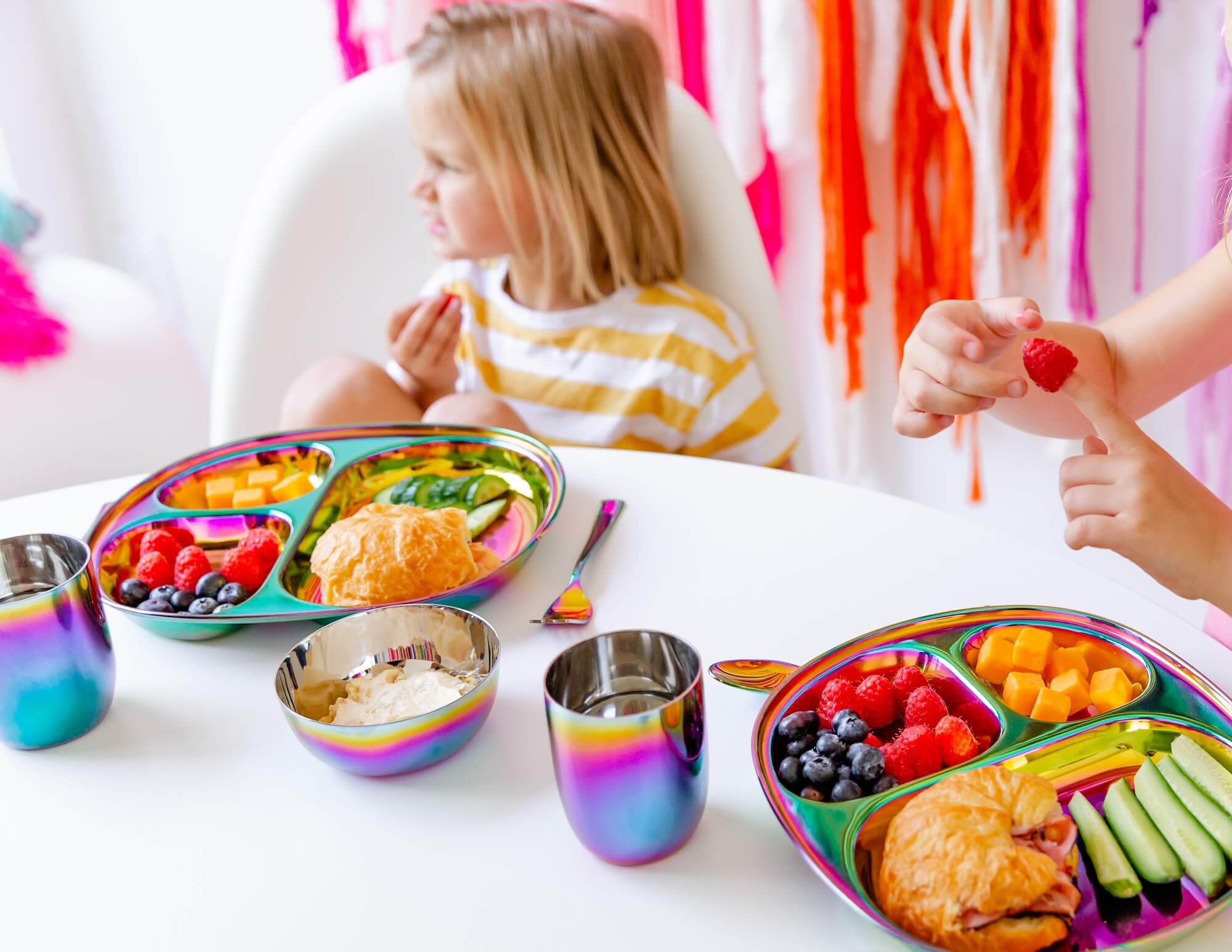kids eating with stainless steel plates