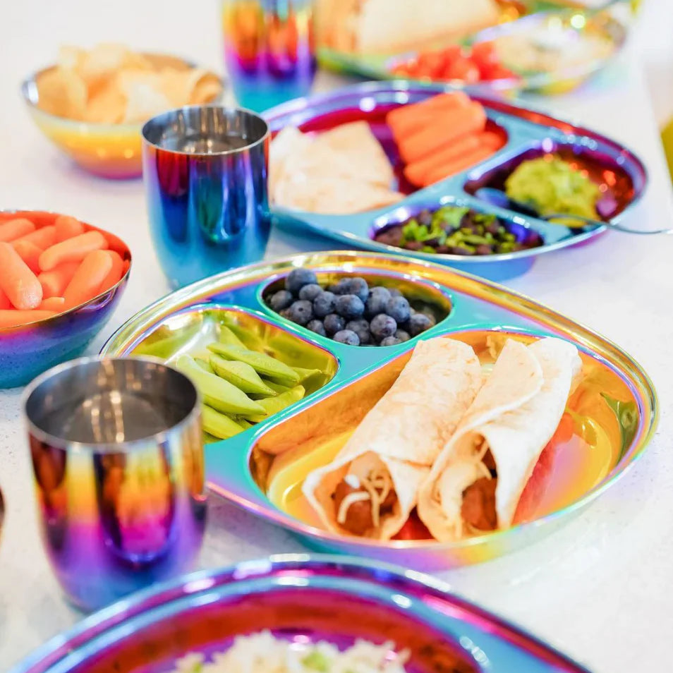 kids eating on stainless steel dishes