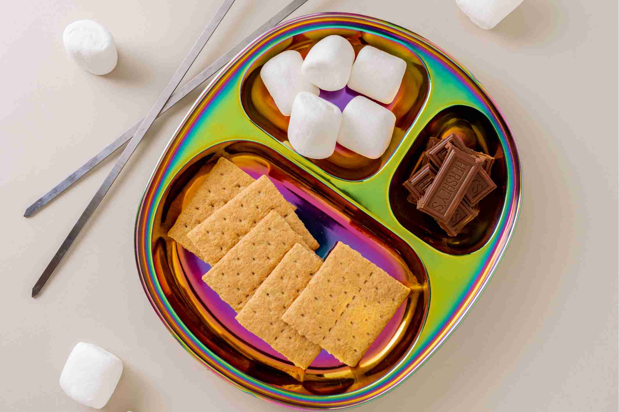 stainless steel plate with smores ingredients
