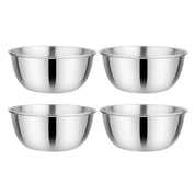 Set of four stainless steel bowls on a white background. Each bowl is 16 ounces - for kids and adults. The perfect bowls for family dinners, snacks, camping, poolside, and more