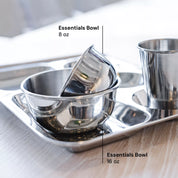 To show this image show our 8 ounce stainless steel Essentials bowl tilted inside our 16 ounce Essentials bowl. Both bowls are stainless steel, durable, and beautiful.