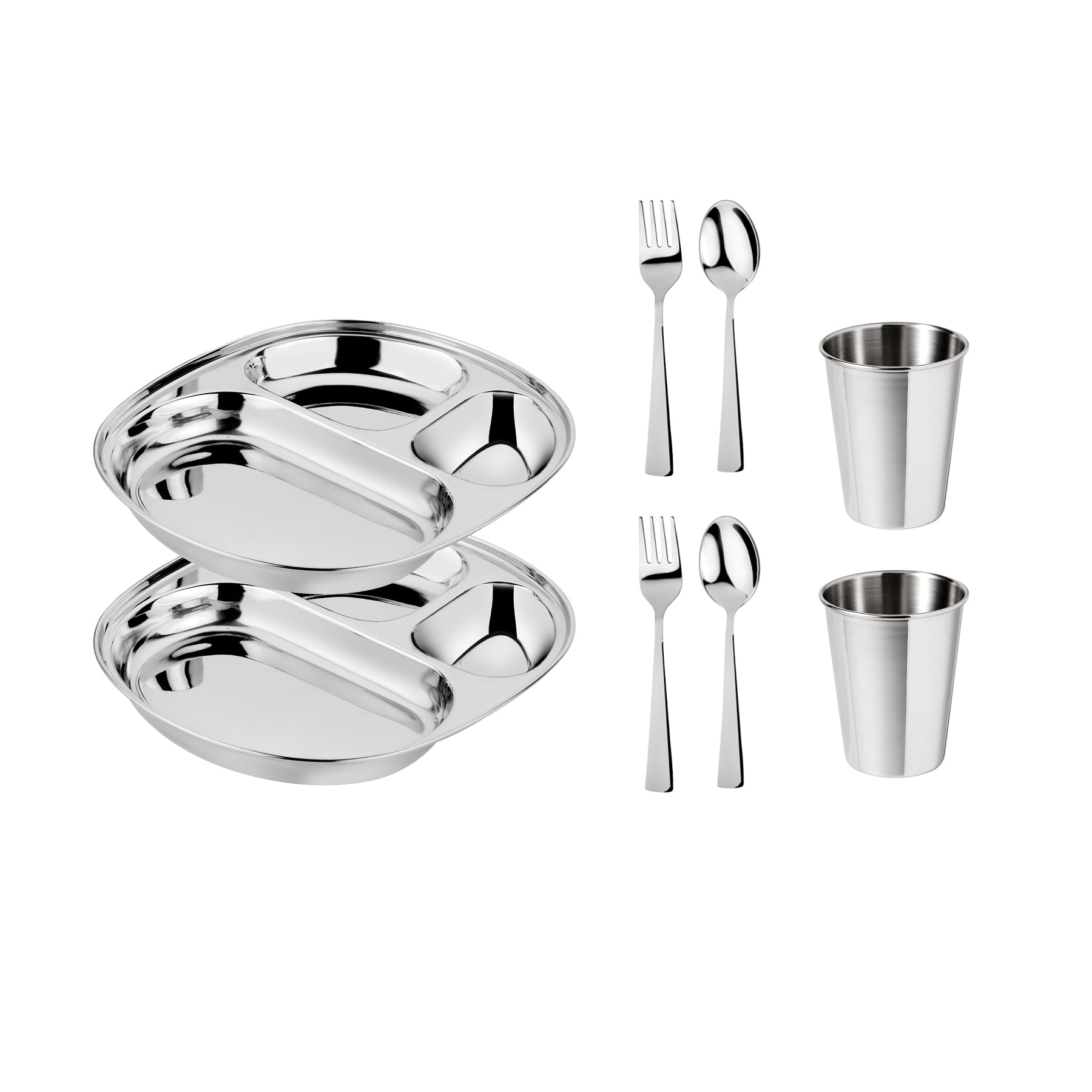 2 balanced bites divided plates, 2 forks, 2 spoons, and 2 10 ounce cups in classic / silver for toddlers, kids, and adults