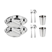 2 balanced bites divided plates, 2 forks, 2 spoons, and 2 10 ounce cups in classic / silver for toddlers, kids, and adults