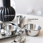 Kids dishes with a modern look that look gorgeous in your kirchen! Ahimsa's dishes are the healthy and beauitful option for dishes for the entire family. The image shows a tray, bowls, a cup and utensils on a table labeled, 8 ounce bowl and 16 ounce bowl labeled for sizing.