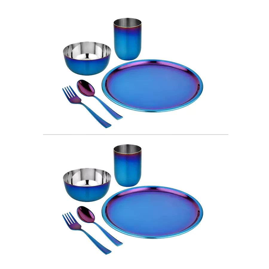 Two sets of blue stainless steel dinnerware including plates, bowls, cups, and utensils on a white background.