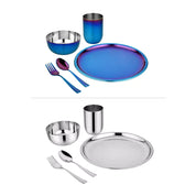 Two sets of stainless steel dinnerware in classic and blue including plates, bowls, cups, and utensils on a white background.