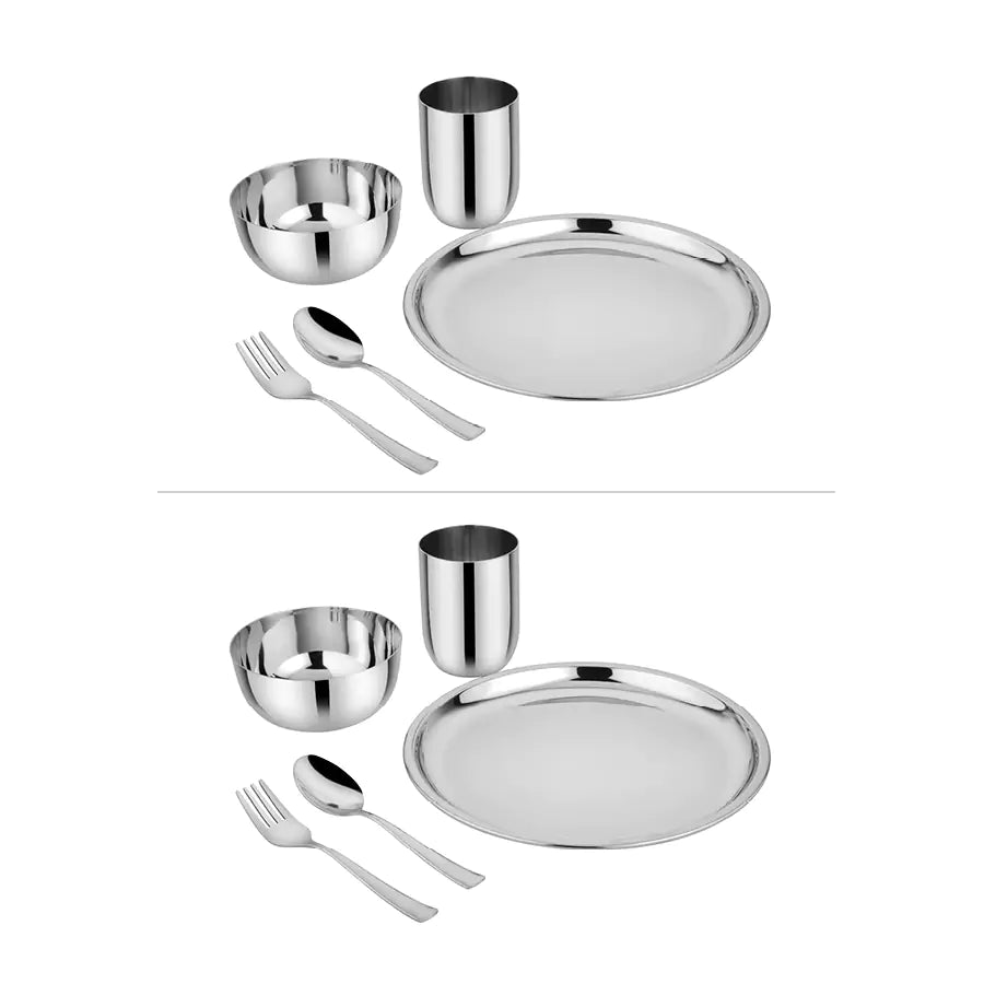 Two sets of classic stainless steel dinnerware including plates, bowls, cups, and utensils on a white background.
