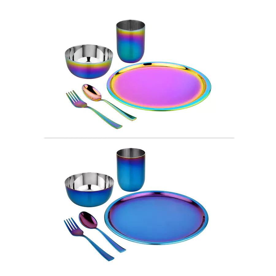 Two sets of stainless steel dinnerware in rainbow and blue including plates, bowls, cups, and utensils on a white background.