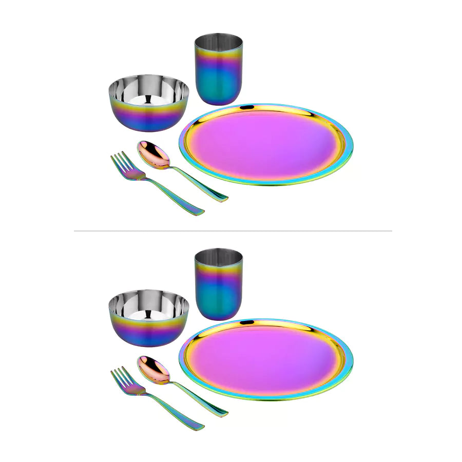 Two sets of rainbow-colored tableware, Ahimsa's Purposeful Portions Sets including a plate, bowl, cup, fork, and spoon on a white background. 