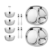Stainless steel 8 ounce bowls, divided plates, and spoons on a white background - perfect for babies, toddlers, and kids
